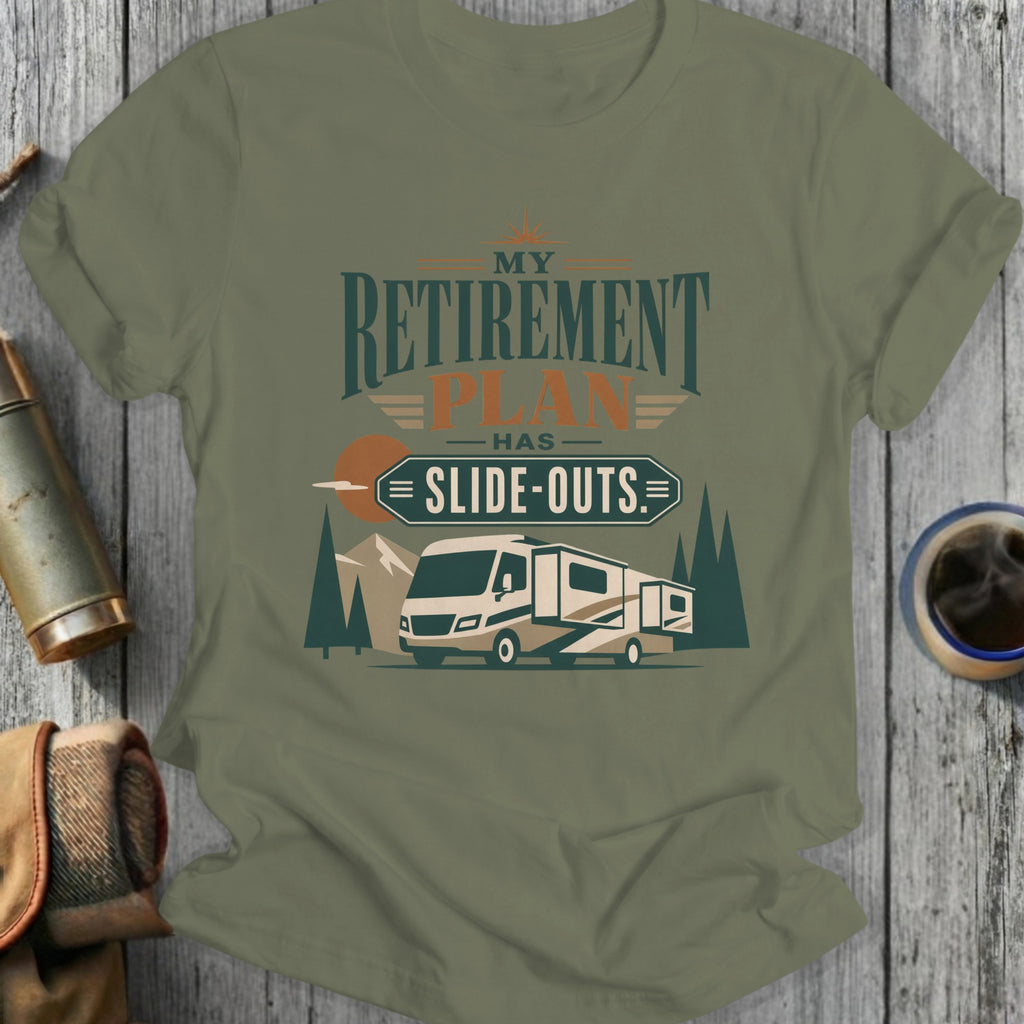 Retirement plan has slide-outs RV with mountains and sun graphic.
