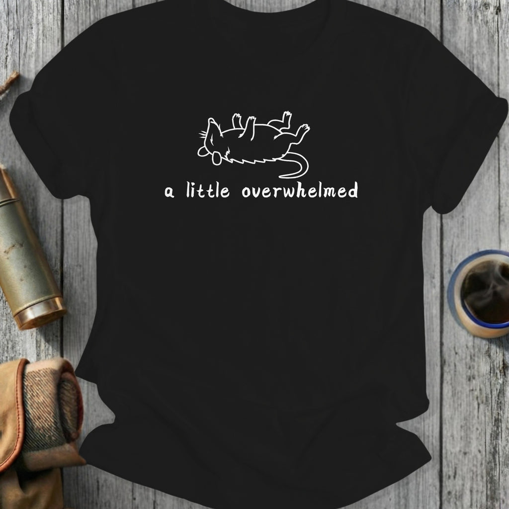 Black t-shirt with white outline of a rat on its back and text "a little overwhelmed".