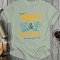 Living on Snacks & Switchbacks slogan with trail mix bag and sign.