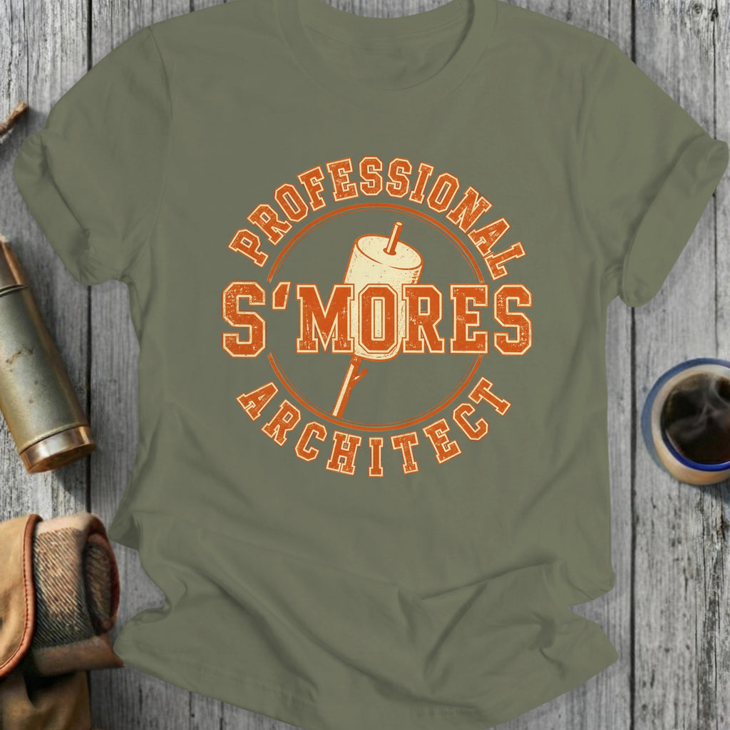 T-shirt design with "Professional S'mores Architect" in orange circle.