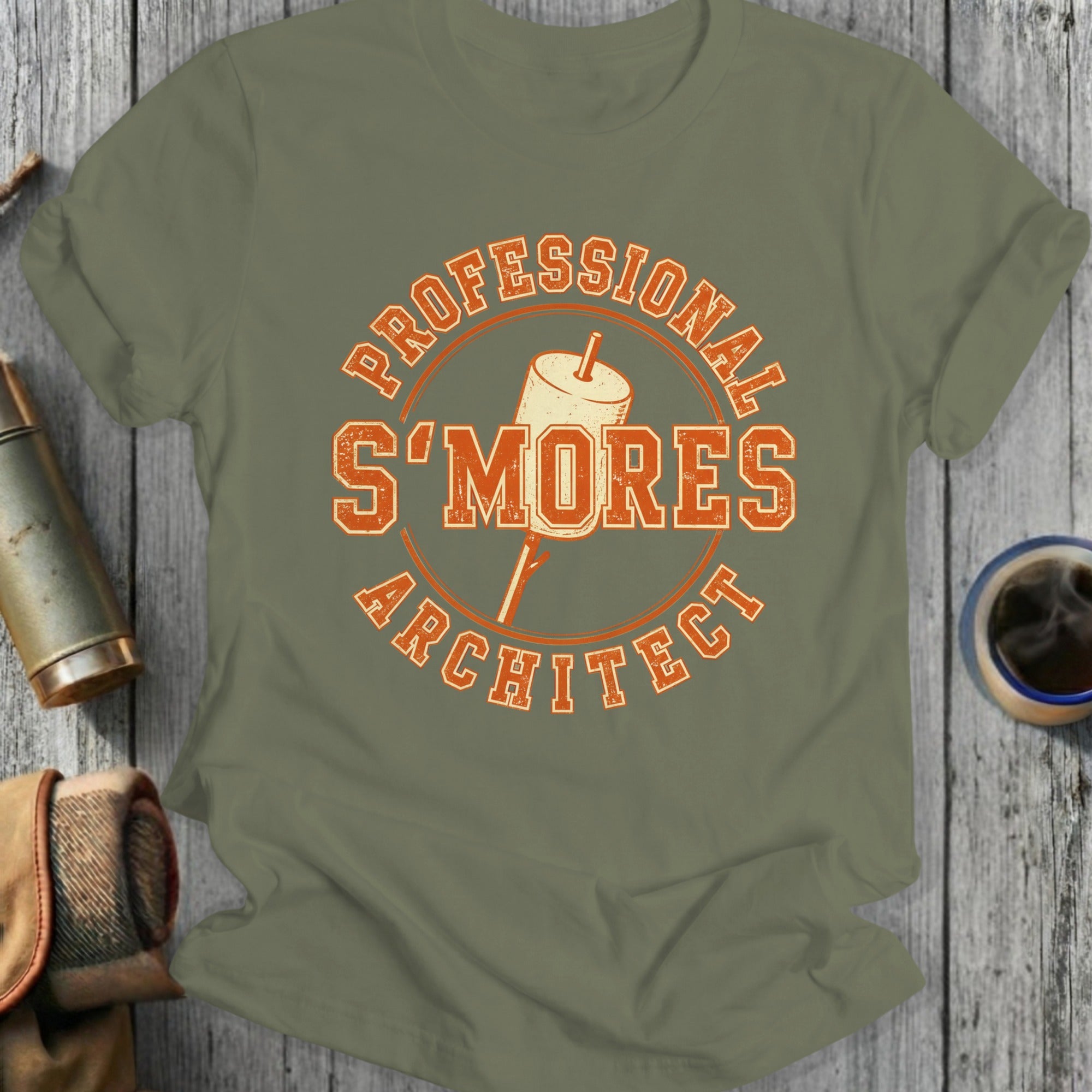 T-shirt design with "Professional S'mores Architect" in orange circle.