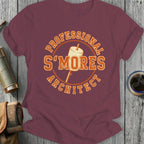 Burgundy t-shirt with "Professional S'mores Architect" text and marshmallow graphic.