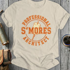 Cream t-shirt with orange "Professional S'mores Architect" text and marshmallow graphic.