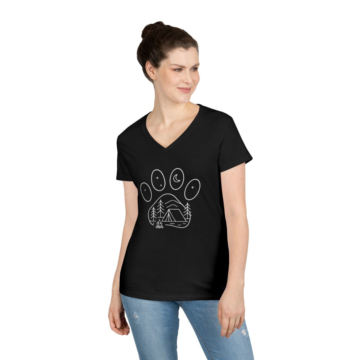 Paw Print Forest Night Design on Women's V-Neck Shirt