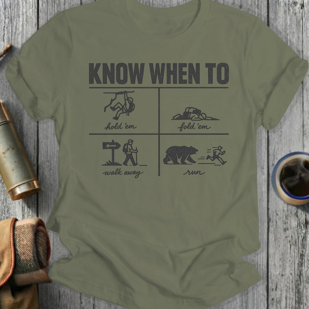 T-shirt with four panels: man climbing, man lying down, man walking, bear running.