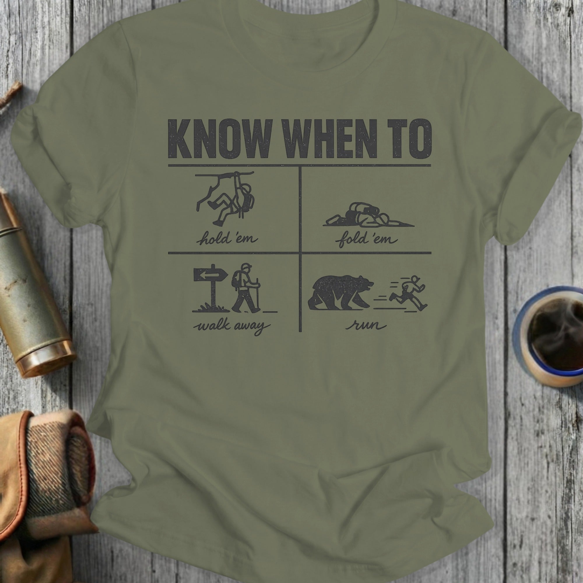 T-shirt with four panels: man climbing, man lying down, man walking, bear running.