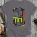 Grey t-shirt with "Mediocre Hiker. Elite Snacker." text.