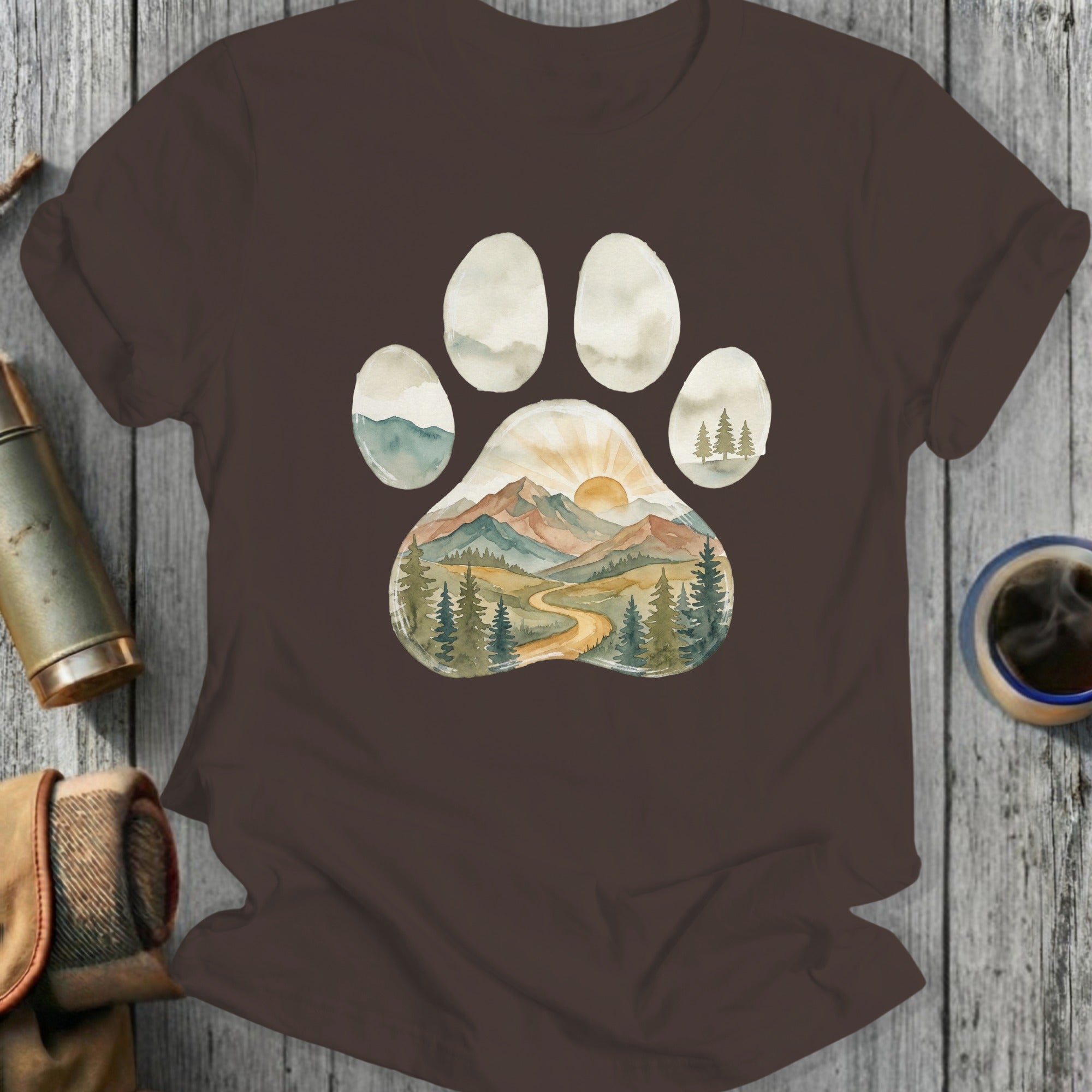 Hand-Drawn Mountain Scene Paw Print Shirt
