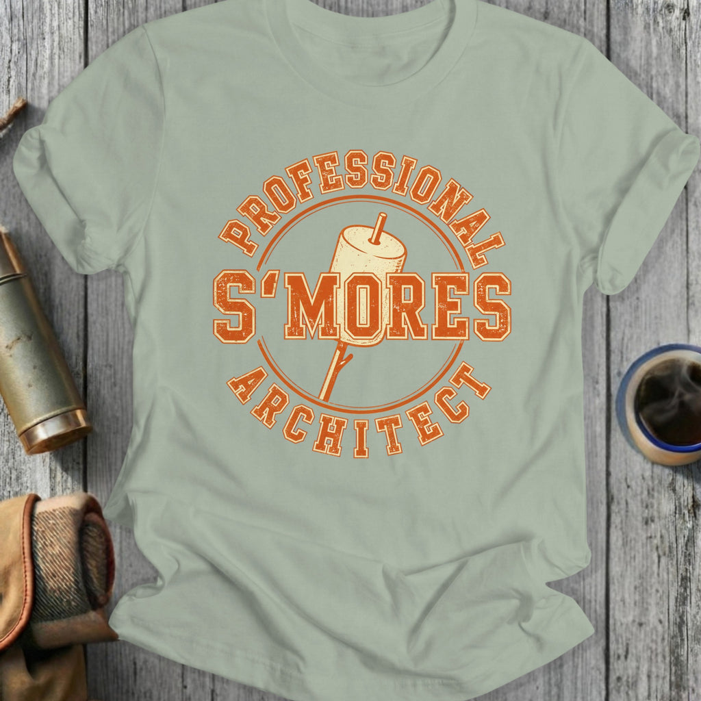 T-shirt with "Professional S'mores Architect" text and marshmallow on a stick.