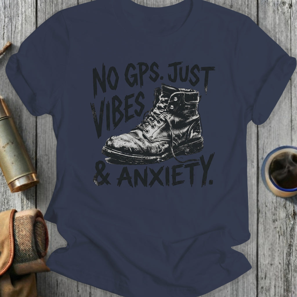 Black graphic tee with a vintage boot and text "NO GPS. JUST VIBES & ANXIETY."