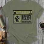 T-shirt with "Grumpy Gen-Xer in the Wild" warning graphic.