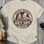 Official Member The Get Off My Trail Club emblem with trees and mountains.