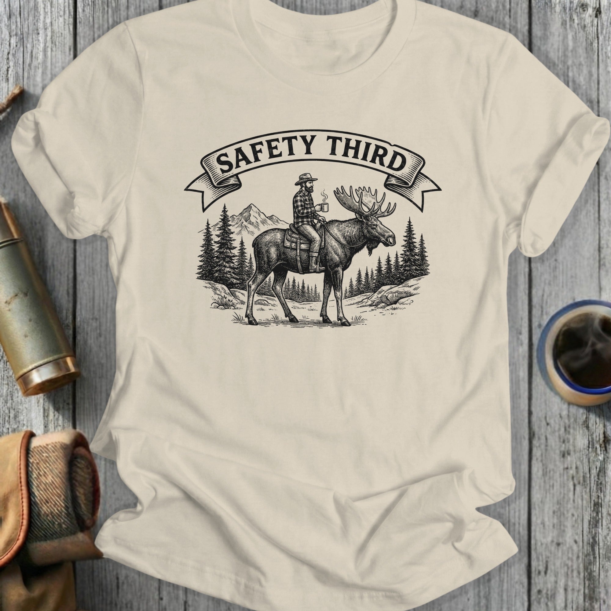 Safety Third Graphic Tee with Moose and Nature Scene