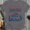 RV with raccoon and opossum, "250 Years Zero Adult Supervision" text.