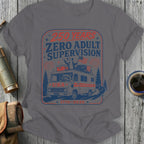 RV with raccoon and opossum, "250 Years Zero Adult Supervision" text.