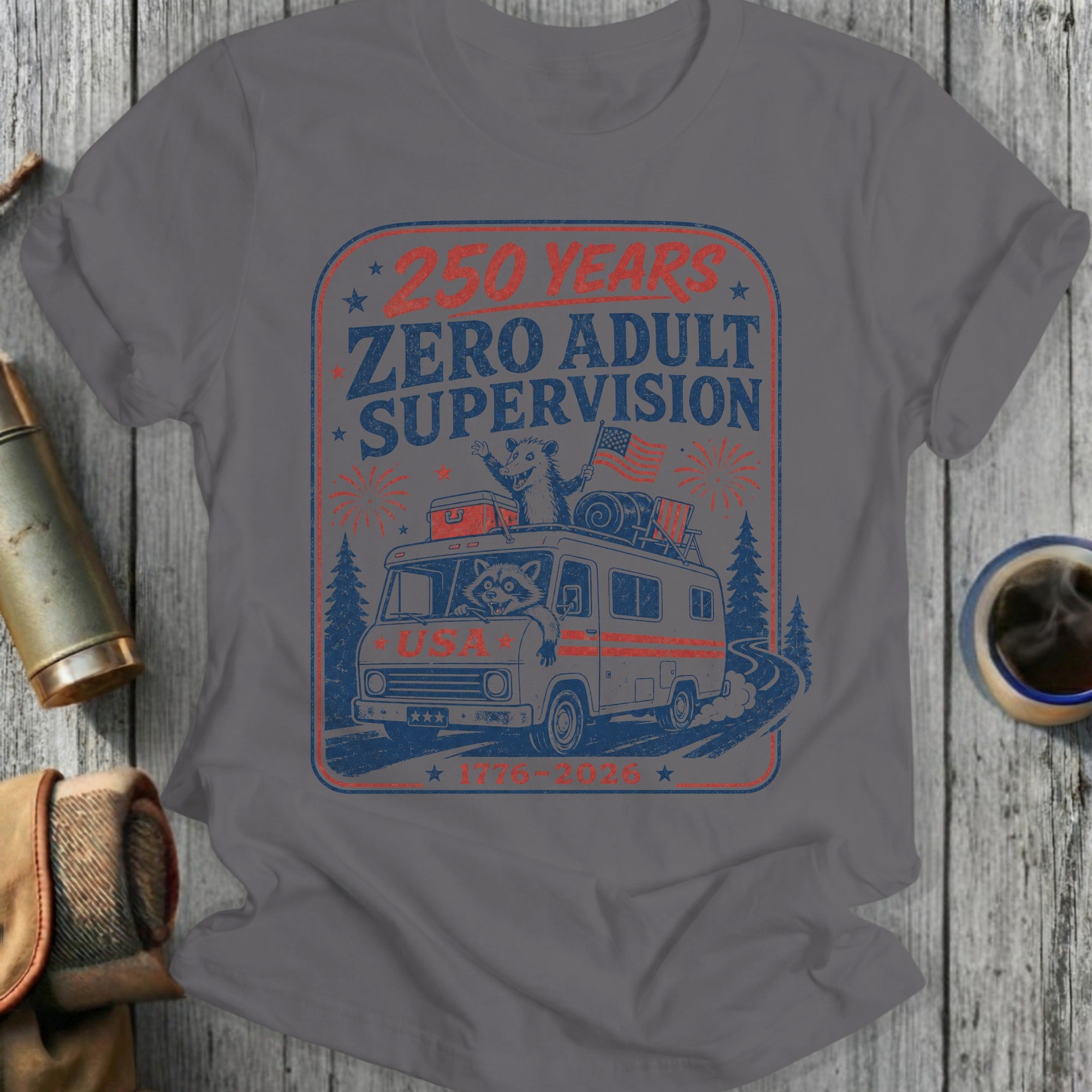 RV with raccoon and opossum, "250 Years Zero Adult Supervision" text.