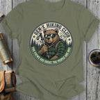 Bear in sunglasses with hiking pole, "Gen-X Hiking Club" text.