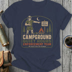 Campground quiet hours enforcement team graphic on navy t-shirt.