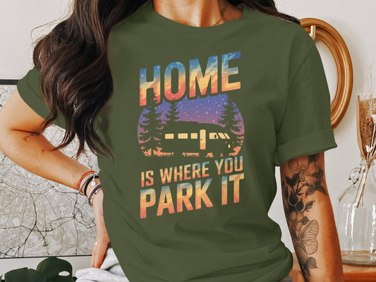 "Home Is Where You Park It graphic tee with colorful RV design – fun camping gift for RVers and outdoor adventurers"
