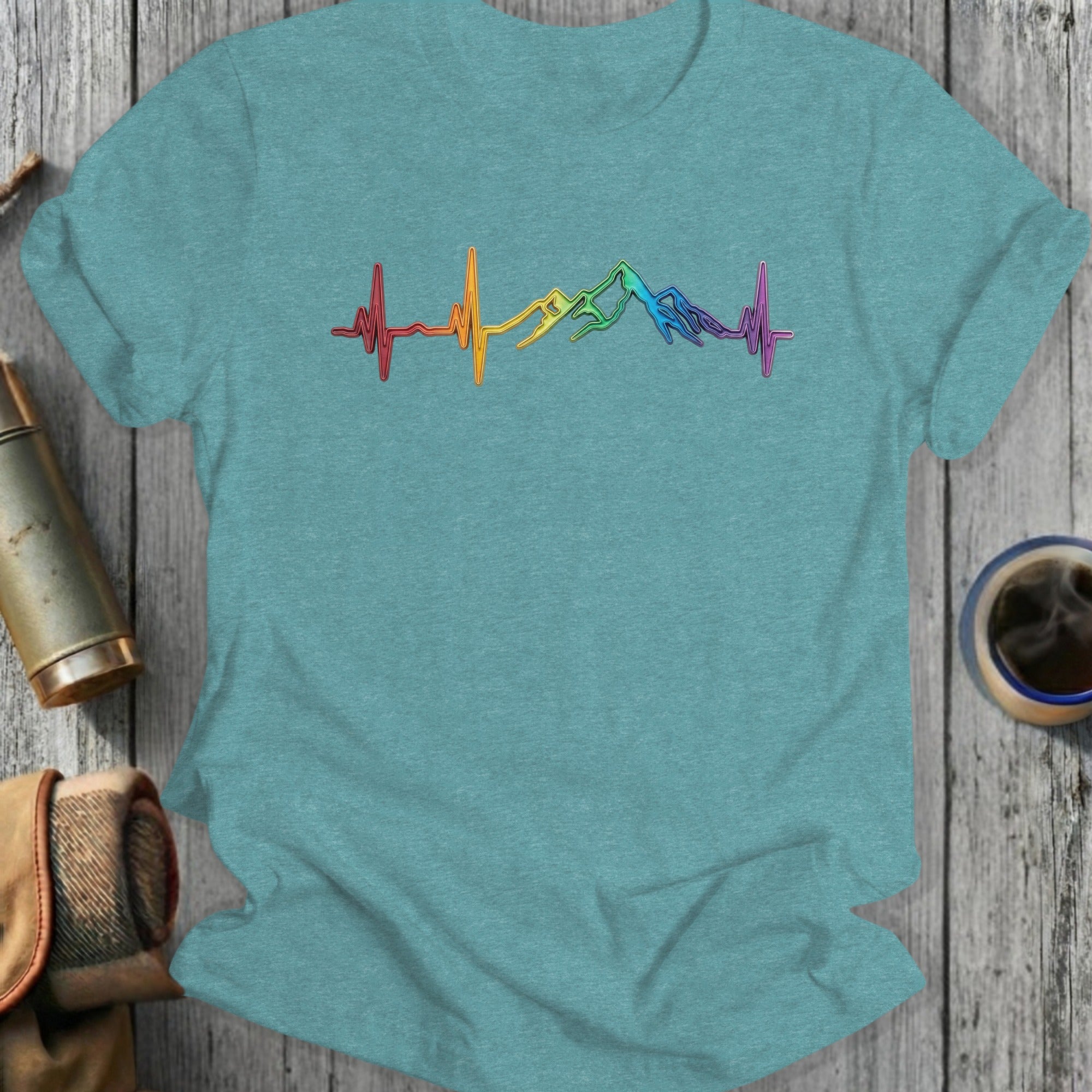 Colorful Heartbeat Mountain Design Tee Shirt