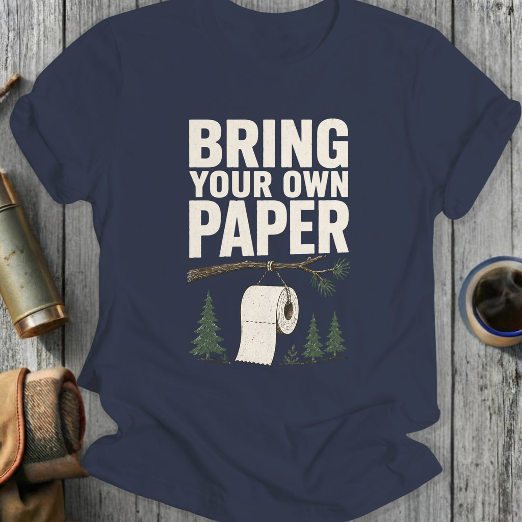 Navy t-shirt with "BRING YOUR OWN PAPER" text and toilet paper on a branch.