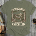 Skeleton relaxing in hammock with text "Productivity Has Been Cancelled."