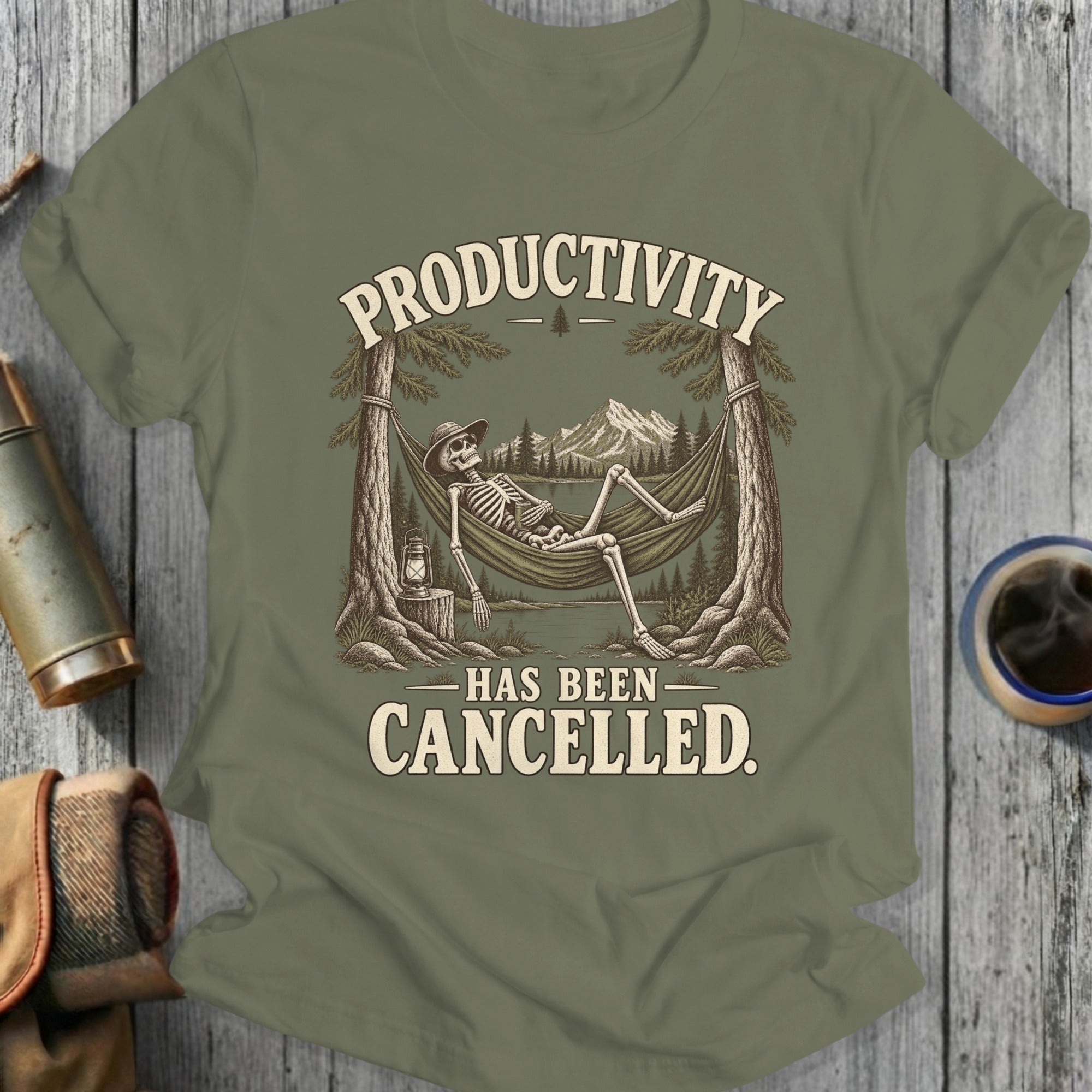Skeleton relaxing in hammock with text "Productivity Has Been Cancelled."
