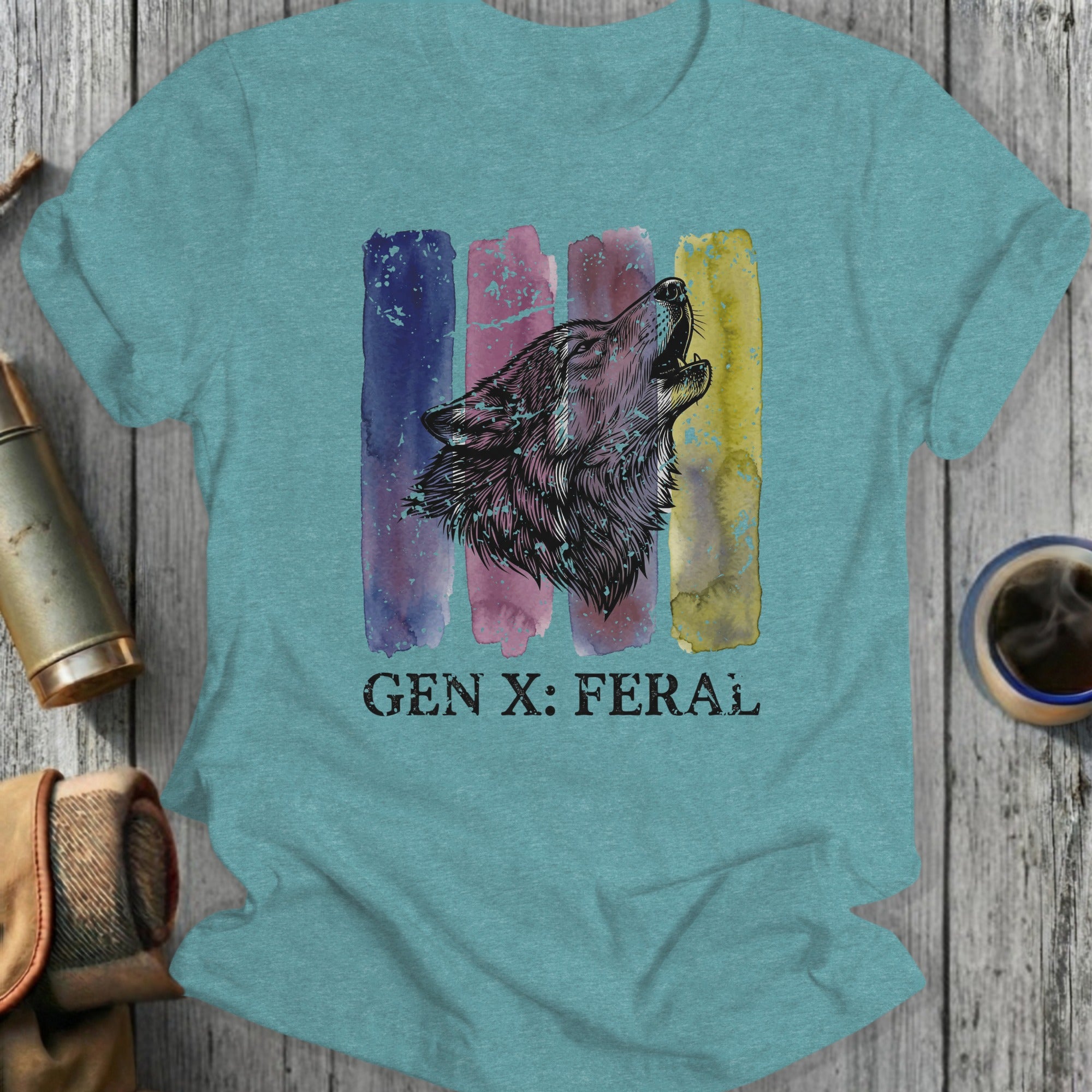 Teal t-shirt with a watercolor wolf head and "Gen X: Feral" text.