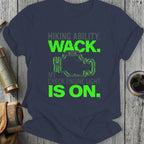 Navy t-shirt with glitchy check engine light graphic and "Hiking ability: Wack. My check engine light is on." text.