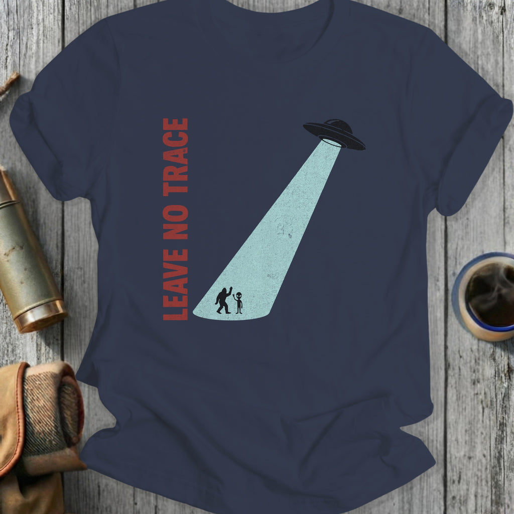 Navy t-shirt with "LEAVE NO TRACE" text and Bigfoot and alien under UFO beam.