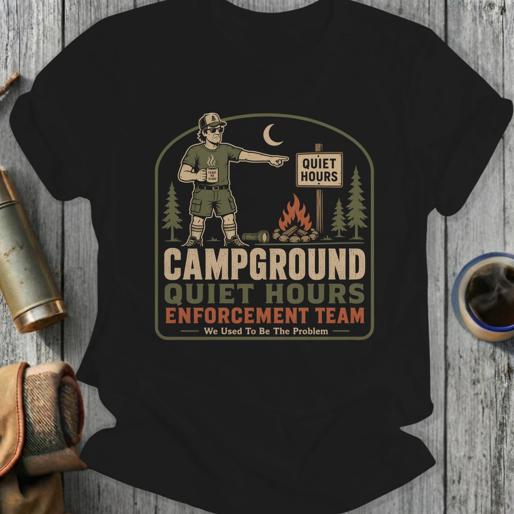 Campground quiet hours enforcement team graphic with man and campfire.