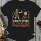 Campground quiet hours enforcement team graphic with man and campfire.