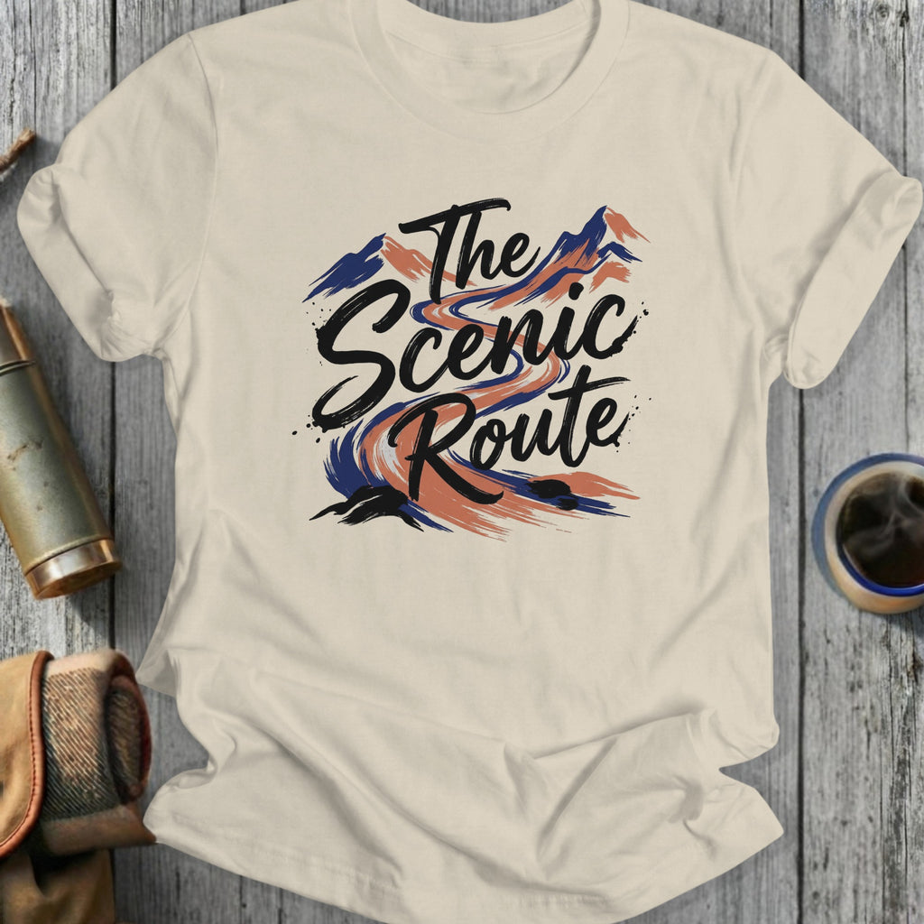 T-shirt with "The Scenic Route" text and mountain graphic.