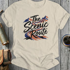 T-shirt with "The Scenic Route" text and mountain graphic.