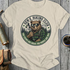 Gen-X Hiking Club bear wearing sunglasses and holding hiking poles.