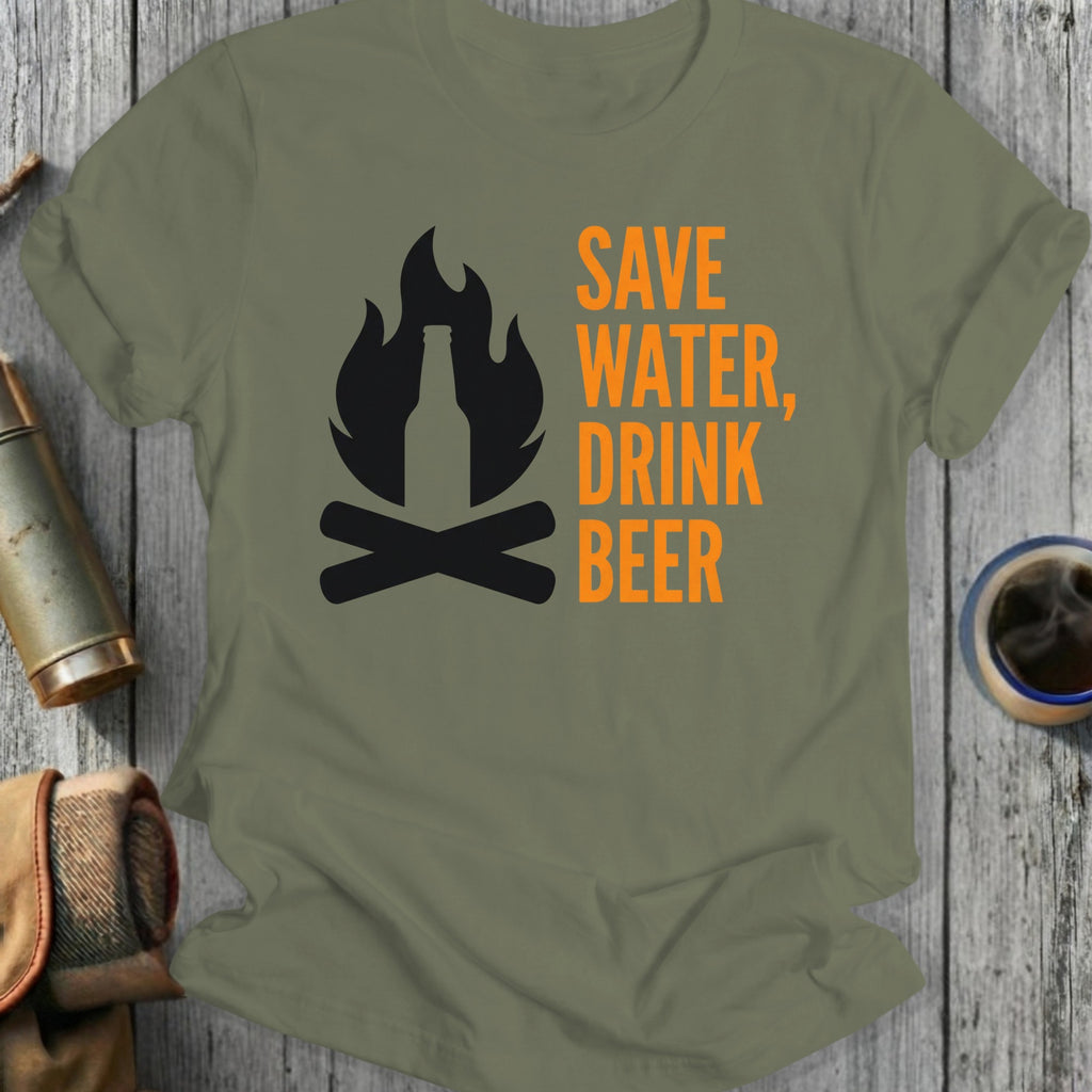 Olive t-shirt with campfire and beer graphic, reads "Save Water, Drink Beer".