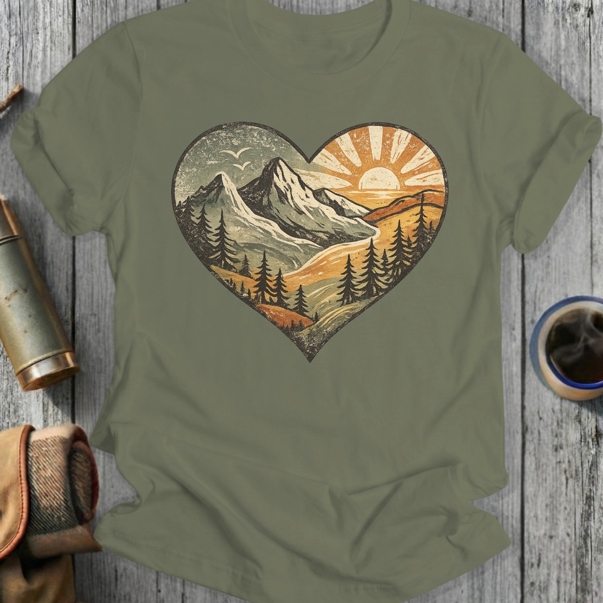 Vintage Heart Mountain Sunset Scene Graphic T-shirt