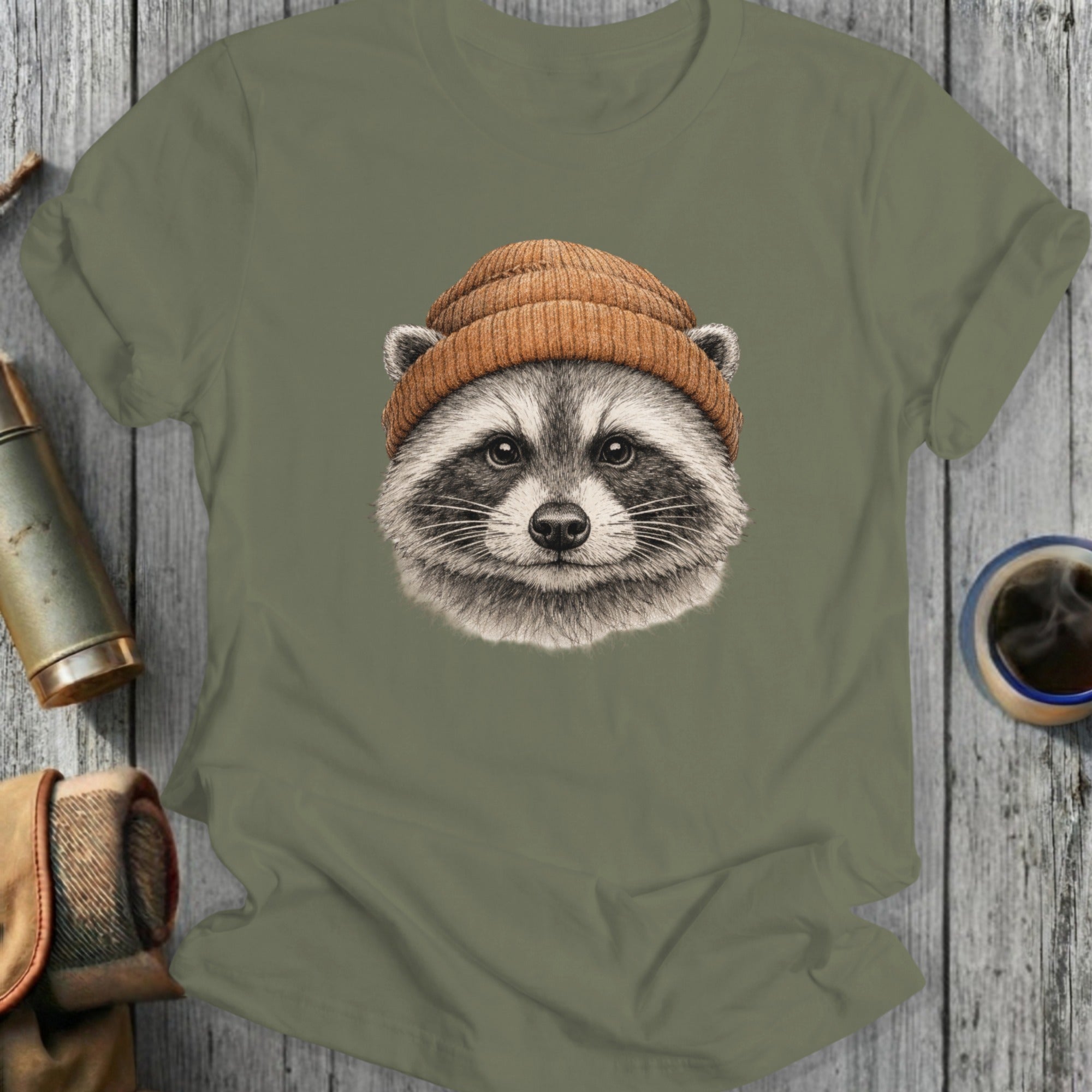 Adorable Raccoon with Beanie Graphic Tee-Shirt