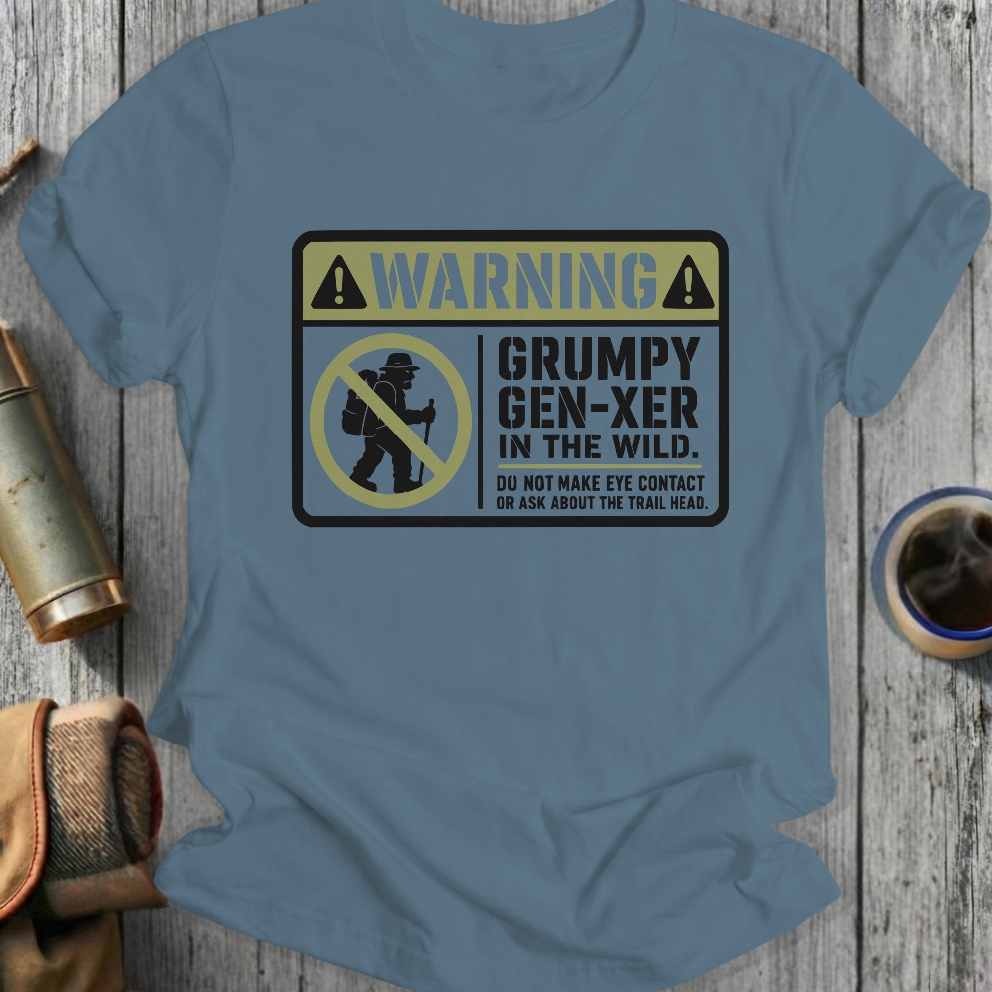 T-shirt with "Grumpy Gen-Xer in the Wild" text and hiking graphic.