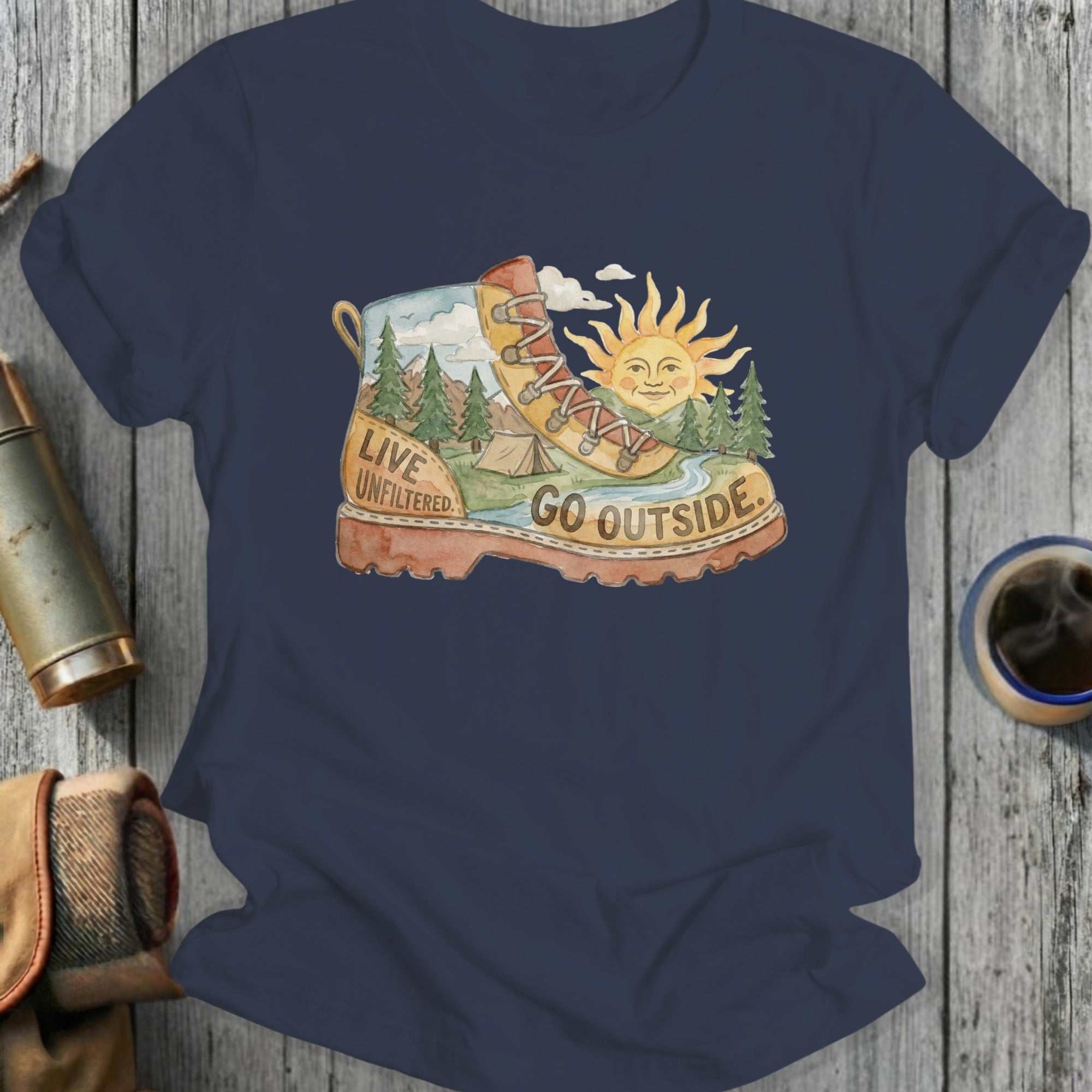 Boot illustration with "Live Unfiltered" and "Go Outside" text, featuring a campsite scene.