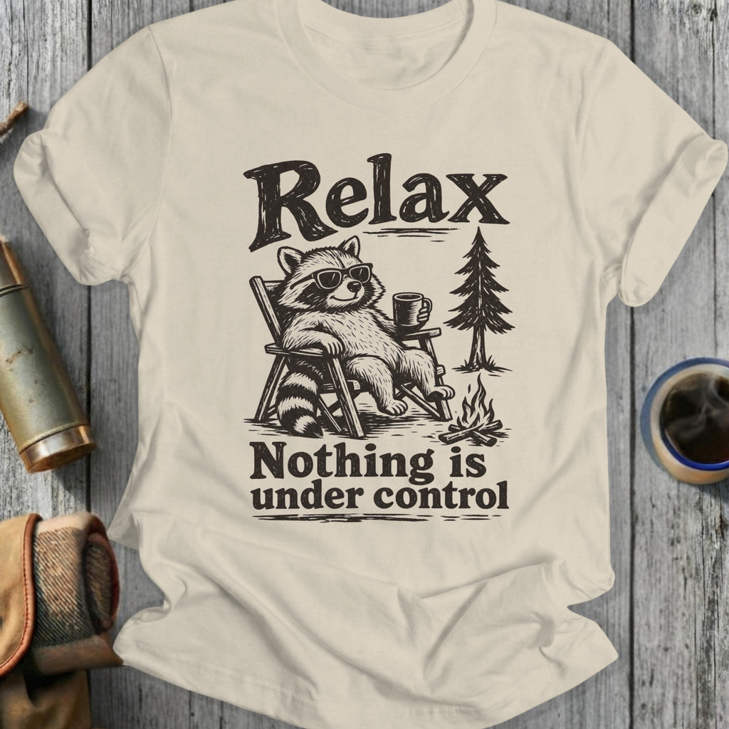 T-shirt with graphic of a raccoon in sunglasses relaxing with a drink, text "Relax Nothing is under control".