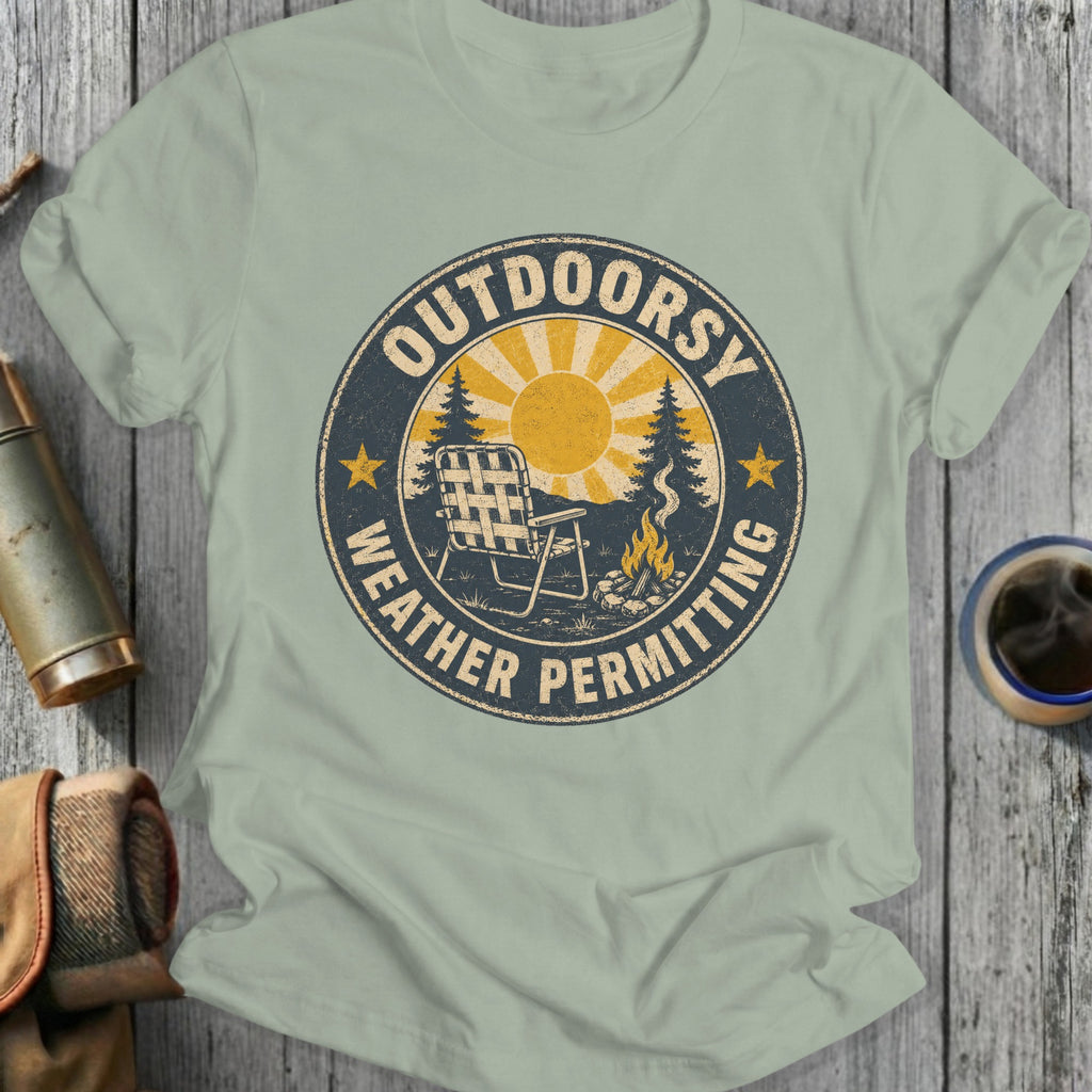 T-shirt with "Outdoorsy Weather Permitting" graphic featuring camping scene and distressed design.
