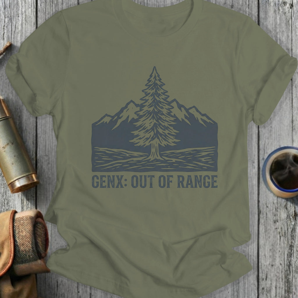 Olive green t-shirt with dark gray tree and mountain graphic and "GENX: OUT OF RANGE" text.