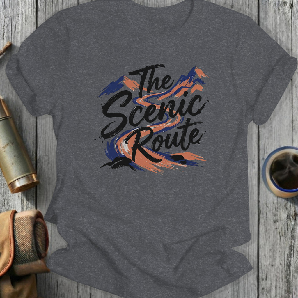 Dark grey t-shirt with "The Scenic Route" mountain graphic.