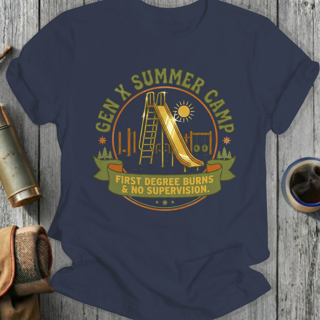 Navy t-shirt with "Gen X Summer Camp First Degree Burns & No Supervision" graphic.