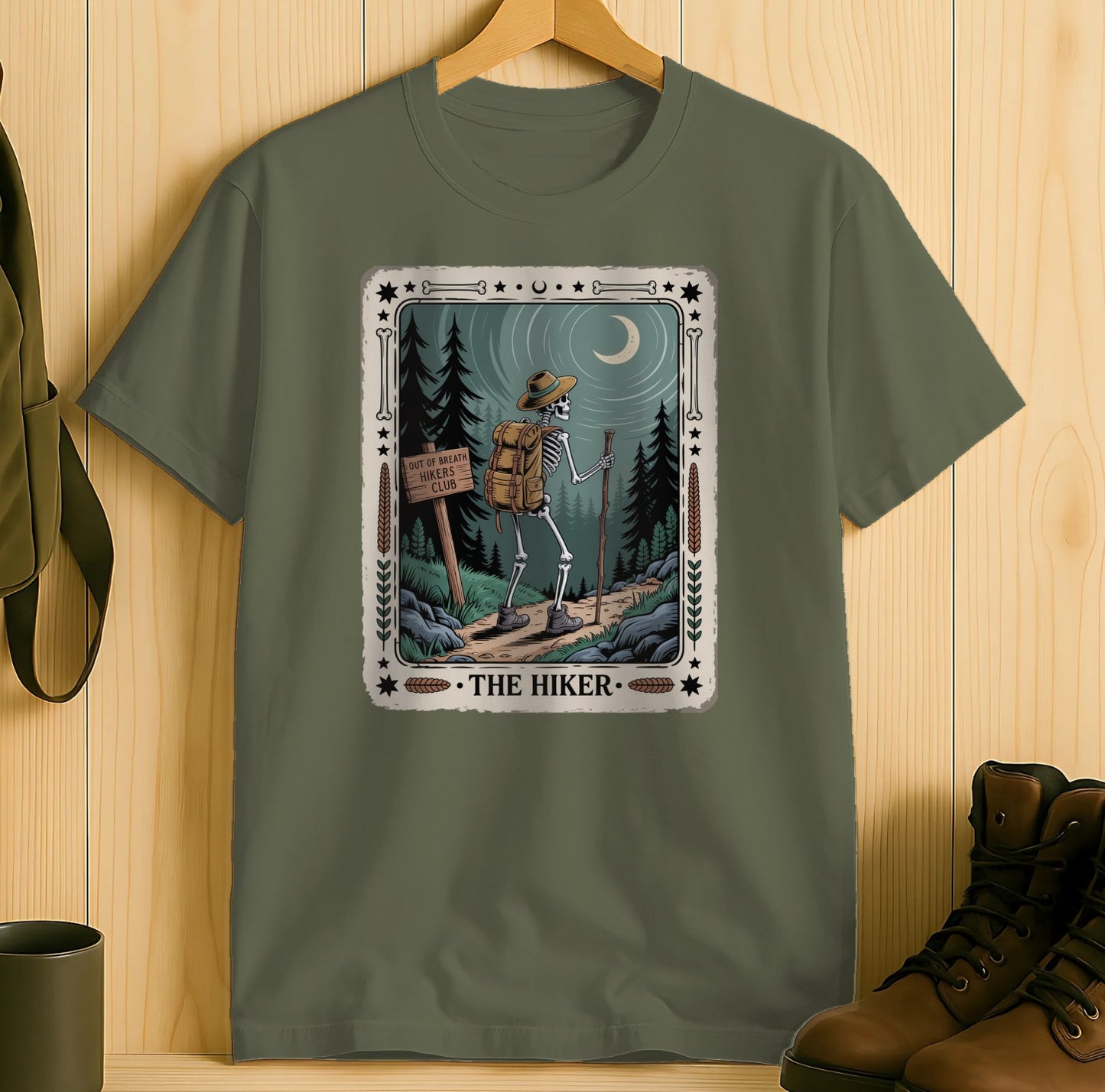 The Hiker Graphic Design on Green Shirt product