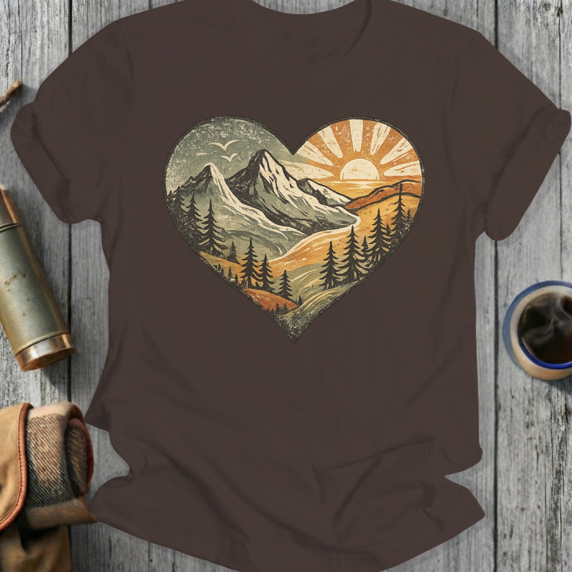 Heart-Shaped Mountain Sunset Graphic T-Shirt
