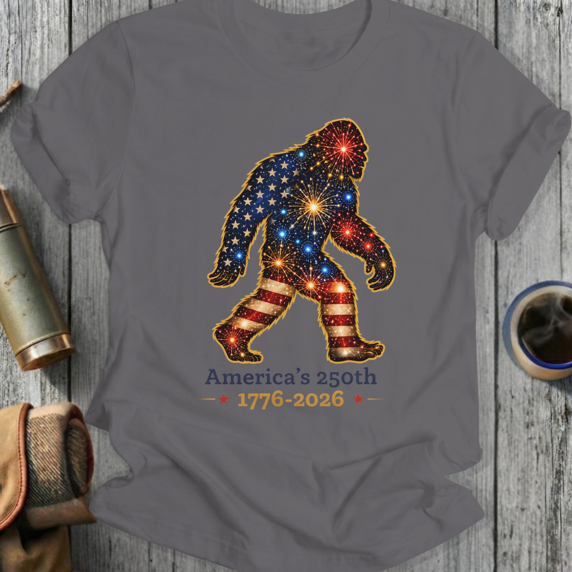 Bigfoot silhouette with US flag pattern, fireworks, and text "America's 250th 1776-2026".