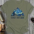 Olive green t-shirt with "Gogh Outside" text and a starry night mountain landscape.